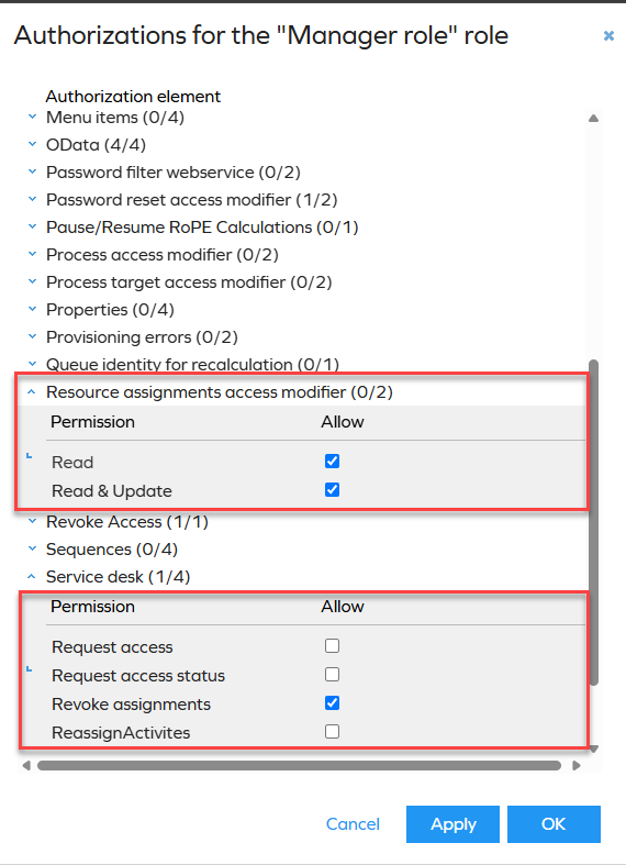Read and Read and Update permissions enabled under Resource assignments access modifier